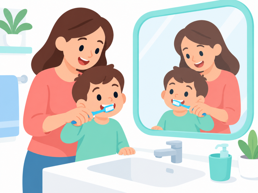 Madre ayudando a un niño durante el cepillado dental frente al espejo